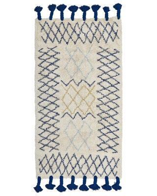 Beliani Beige Cotton Rug 80 X 150 Cm Hand-Tufted Geometric Design With Cobalt Blue Tassels - image 1