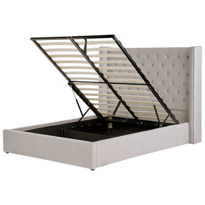 Beliani Ottoman Bed Velvet Lubbon 140 X 200 Cm (Eu Double) Light Grey - image 1