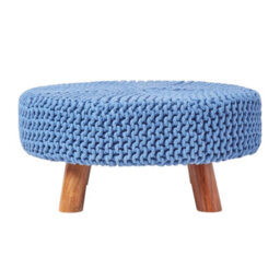 Homescapes Blue Large Round Cotton Knitted Footstool On Legs - thumbnail 1