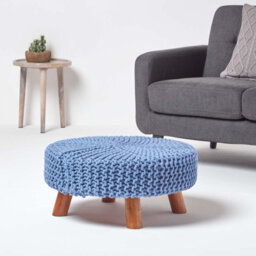 Homescapes Blue Large Round Cotton Knitted Footstool On Legs - thumbnail 2