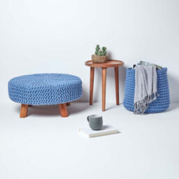 Homescapes Blue Large Round Cotton Knitted Footstool On Legs - thumbnail 6