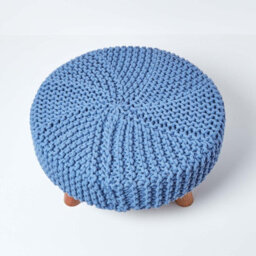 Homescapes Blue Large Round Cotton Knitted Footstool On Legs - thumbnail 3