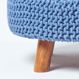 Homescapes Blue Large Round Cotton Knitted Footstool On Legs - thumbnail 4
