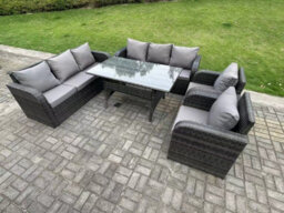 Fimous 8 Seater Rattan Garden Furniture Set Reclining Chair Lounge 3 Seater Sofa Set Outdoor Rectangular Dining Table - thumbnail 2