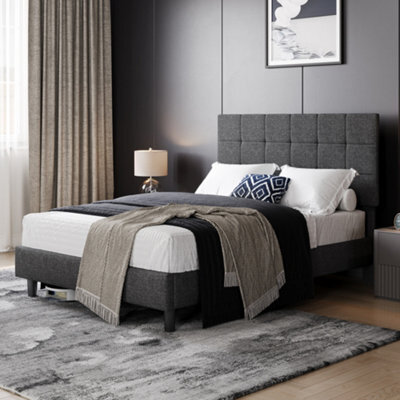 Yaheetech Small Double Upholstered Bed Frame With Height-Adjustable Tufted Headboard, 120 X 190 Cm, Dark Grey - image 1