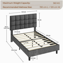 Yaheetech Small Double Upholstered Bed Frame With Height-Adjustable Tufted Headboard, 120 X 190 Cm, Dark Grey - thumbnail 3