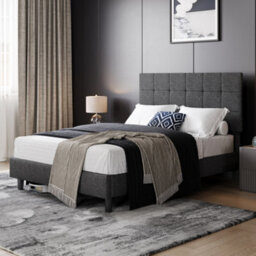 Yaheetech Small Double Upholstered Bed Frame With Height-Adjustable Tufted Headboard, 120 X 190 Cm, Dark Grey