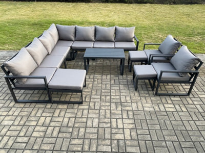 Fimous Aluminium Outdoor Garden Furniture Set Lounge Corner Sofa Oblong Coffee Table 2 Pcs Chair Sets With 3 Footstools