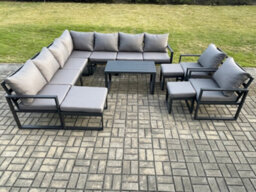 Fimous Aluminium Outdoor Garden Furniture Set Lounge Corner Sofa Oblong Coffee Table 2 Pcs Chair Sets With 3 Footstools - thumbnail 1