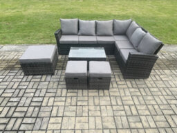 Fimous Wicker Pe Outdoor Garden Furniture Set High Back Rattan Corner Sofa Set With Rectangular Coffee Table 3 Footstools - thumbnail 1