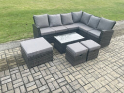 Fimous Wicker Pe Outdoor Garden Furniture Set High Back Rattan Corner Sofa Set With Rectangular Coffee Table 3 Footstools - thumbnail 2