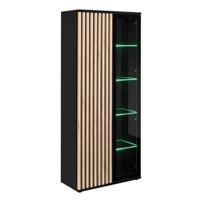 Arte Cameron Tall Display Cabinet W800mm H1920mm D400mm - Black & Jackson Hickory With Glass Shelves And Led Lighting - image 1