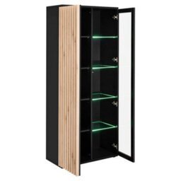 Arte Cameron Tall Display Cabinet W800mm H1920mm D400mm - Black & Jackson Hickory With Glass Shelves And Led Lighting - thumbnail 2