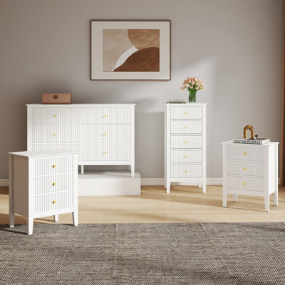Melody Maison 6 Drawer Chest Of Drawers, Tall 5 Drawer Bedside Table And Pair Of 3 Drawer Bedside Tables - Hales White Range - image 1