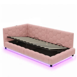 Merax 3 Ft Single Ottoman Bed 90 X 190 Cm, Boucle Daybed With Side Hydraulic Storage, Rgb Led Lights & Charging, Pink - thumbnail 8