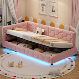 Merax 3 Ft Single Ottoman Bed 90 X 190 Cm, Boucle Daybed With Side Hydraulic Storage, Rgb Led Lights & Charging, Pink - thumbnail 3