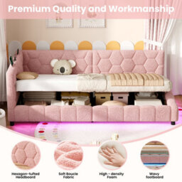 Merax 3 Ft Single Ottoman Bed 90 X 190 Cm, Boucle Daybed With Side Hydraulic Storage, Rgb Led Lights & Charging, Pink - thumbnail 6