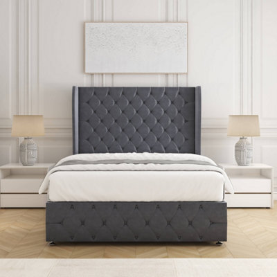 Bsspoke Faye Divan Bed Set Steel Plush Velvet 54Inch Wingedback Headboard & Footboard & Mattress No Drawers In All Sizes - image 1
