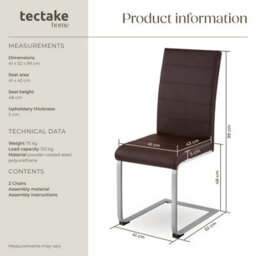 Tectake Set Of 2 Dining Chairs - Cantilevered, High Backrest, Flat Steel Frame  - Brown - thumbnail 6