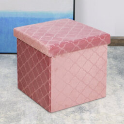 Foldable Velvet Lattice Trellis Storage Box Ottoman Cube 38Cmx38Cm For Bedroom, Living Room, Hallway - Pink - thumbnail 1