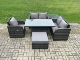 Fimous Wicker Pe Rattan Furniture Garden Dining Set With Reclining Chair Side Tables Big Footstool - thumbnail 1