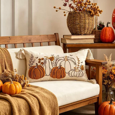 Amorly 30X50Cm Fall Lumbar Pillow Cover, Embroidered Orange Pumpkin Cushion Case, Autumn Decorative Throw Cover For Sofa, Bed, Couch - image 1