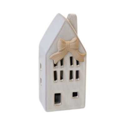 Four Candle Small Ceramic Led House With Bow Details - image 1
