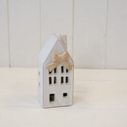 Four Candle Small Ceramic Led House With Bow Details - thumbnail 2