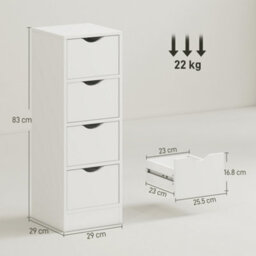 Homcom 4-Drawer Bathroom Cabinet, Freestanding Narrow Cabinet, White - thumbnail 3