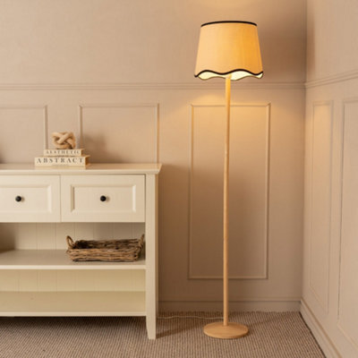 Valuelights Triston Natural Light Wood Stem Floor Lamp With Scallop Black Trim Tapered Shade And Led Bulb - image 1