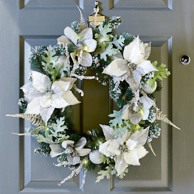 60Cm Silver Effect Pre-Lit Poinsettia Christmas Wreath - White & Silver