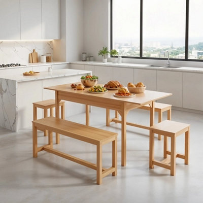Extendable Kitchen Dining Table And 2 Benches 2 Stools Set For Small Room Space - image 1