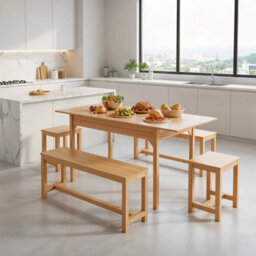 Extendable Kitchen Dining Table And 2 Benches 2 Stools Set For Small Room Space - thumbnail 1