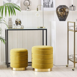 Beliani Set Of 2 Yellow Round Tufted Storage Pouffes Set With Gold Stainless Steel Base, W40 X D40 X H44Cm - thumbnail 1