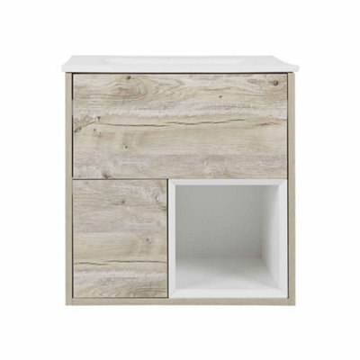 Homestylestore 610mm Light Oak Wall Hung Led Lit Bathroom Vanity Unit With Basin - image 1
