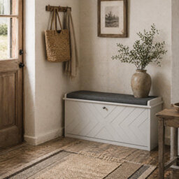 Wyld Haus Rakamo Shoe Storage Bench White Chevron With Grey Padded Seat - Holds Up To 10 Pairs, L100 X D26 X H44.5Cm