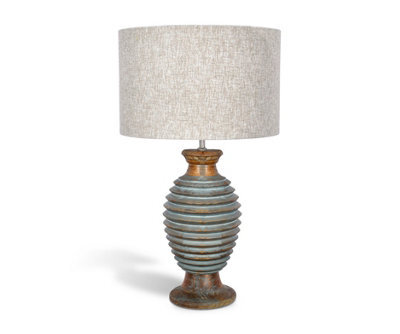 Solid Wood Table Lamp With Fabric Shade Ariel Blue Finish Sculptural Ribbed Base For Living Room Or Bedroom - image 1