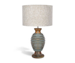 Solid Wood Table Lamp With Fabric Shade Ariel Blue Finish Sculptural Ribbed Base For Living Room Or Bedroom