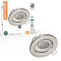Paul Russells Led Downlight Brush Nickel Non-Dimmable Tiltable Recessed Spotlight 4.8W 400 Lumens Ip44 Warm White 3000K Pack Of 1 - thumbnail 1
