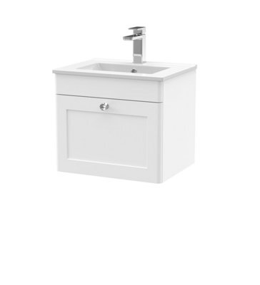 Balterley Swynnerton Traditional 1 Drawer Wall Hung Vanity Unit With Minimalist Basin, Satin White, 500mm - image 1