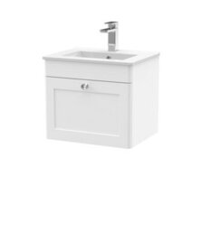 Balterley Swynnerton Traditional 1 Drawer Wall Hung Vanity Unit With Minimalist Basin, Satin White, 500mm - thumbnail 1