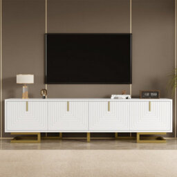 Matteo White Textured Door Tv Stand With Golden Handles & Legs - 160Cm Wide Media Unit