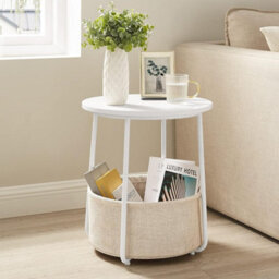 Bedside Table, Round End Table With Spacious Fabric Basket, Modern Touch For Living Room Or Bedroom, White And Beige