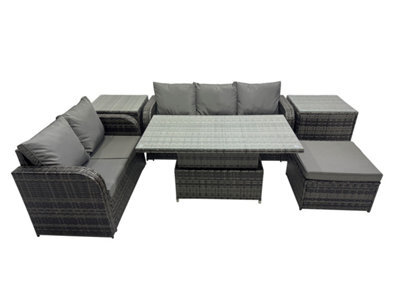 Fimous Rattan Garden Furniture Dining Set 6-Seater Patio Height Adjustable Rising Lifting Table Sofa Set With 2 Side Tables - image 1