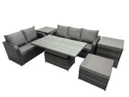 Fimous Rattan Garden Furniture Dining Set 6-Seater Patio Height Adjustable Rising Lifting Table Sofa Set With 2 Side Tables - thumbnail 2