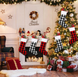 Amorly 2Pcs Black Red Buffalo Plaid Christmas Stockings, Hanging Xmas Stockings For Christmas Tree Fireplace Holiday Party Decor - thumbnail 2