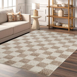 Chester Living Room Shaggy Area Rug Modern - Contemporary Checkered Design - Hallway Runner Indoor Rug Beige 60X220 Cm - thumbnail 6