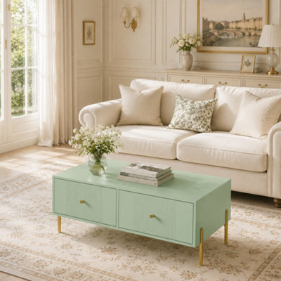 Homcom Coffee Table With 2 Drawers And Legs For Living Room, Light Green - image 1
