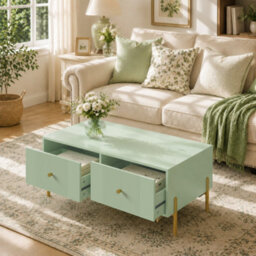 Homcom Coffee Table With 2 Drawers And Legs For Living Room, Light Green - thumbnail 9