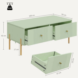 Homcom Coffee Table With 2 Drawers And Legs For Living Room, Light Green - thumbnail 3